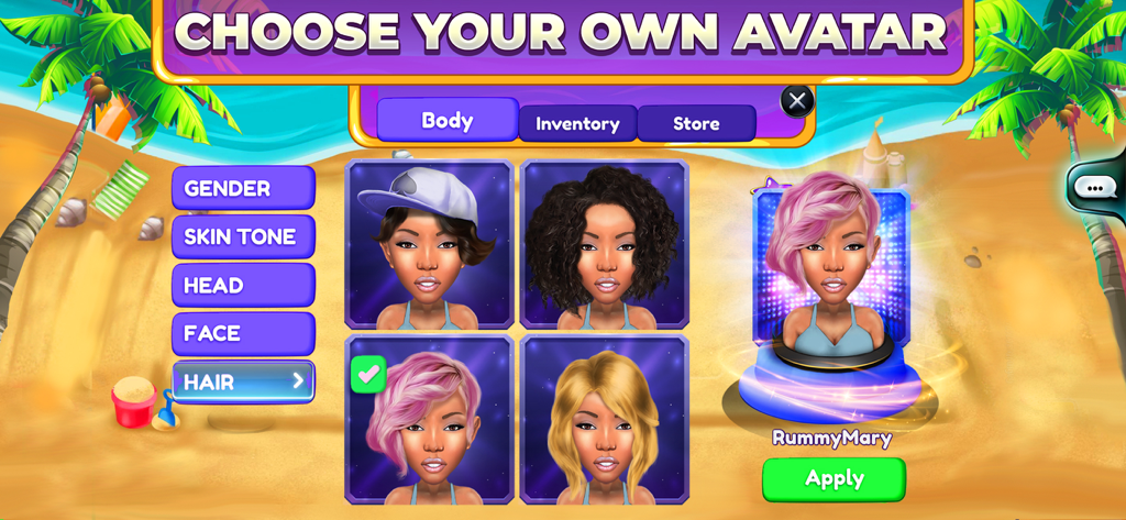 Rummy Rush - Classic Card Game - A screen in Rummy Rush showing avatar customization options for hair, face, and skin tone.