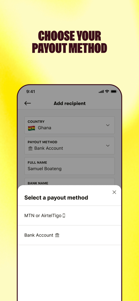 Interfaccia dell'app Sendwave che mostra la selezione del metodo di pagamento per un destinatario in Ghana, inclusi portafoglio mobile e opzioni di conto bancario.