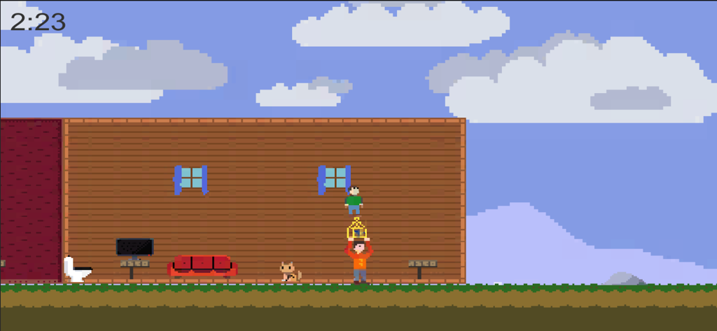 Pixel art gameplay of House Moving Service showing characters and furniture inside a house