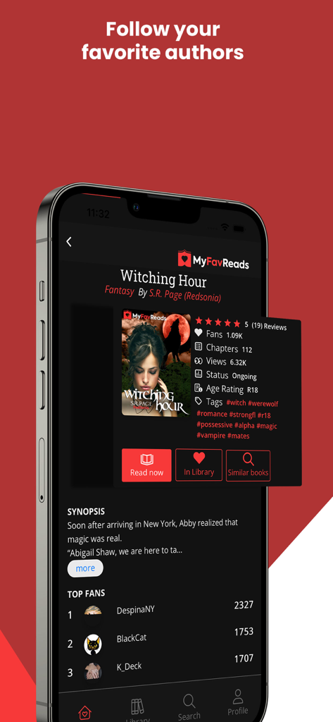 MyFavReads: Novels & Books - A smartphone showing a fantasy novel profile on the MyFavReads app featuring book details and a top fans list.