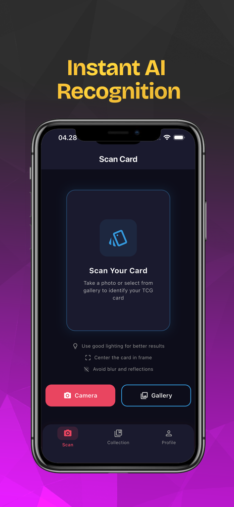 TCG Scanner & TCG Collector - Interface of the TCG Scanner app showing the instant AI card recognition scan screen.