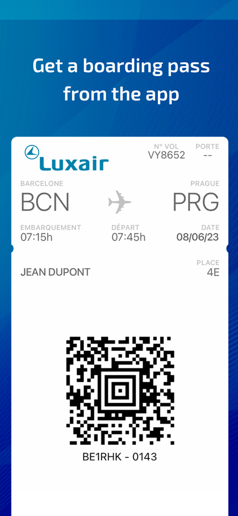 Una tarjeta de embarque digital para un vuelo de Luxair que se muestra en la pantalla de un smartphone