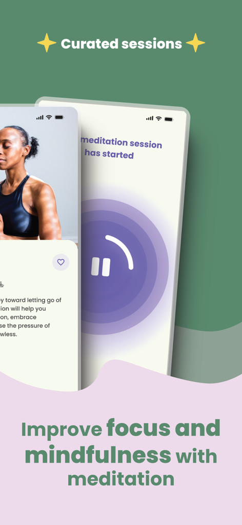 Screenshot of Serenity app showing curated meditation sessions for focus and mindfulness