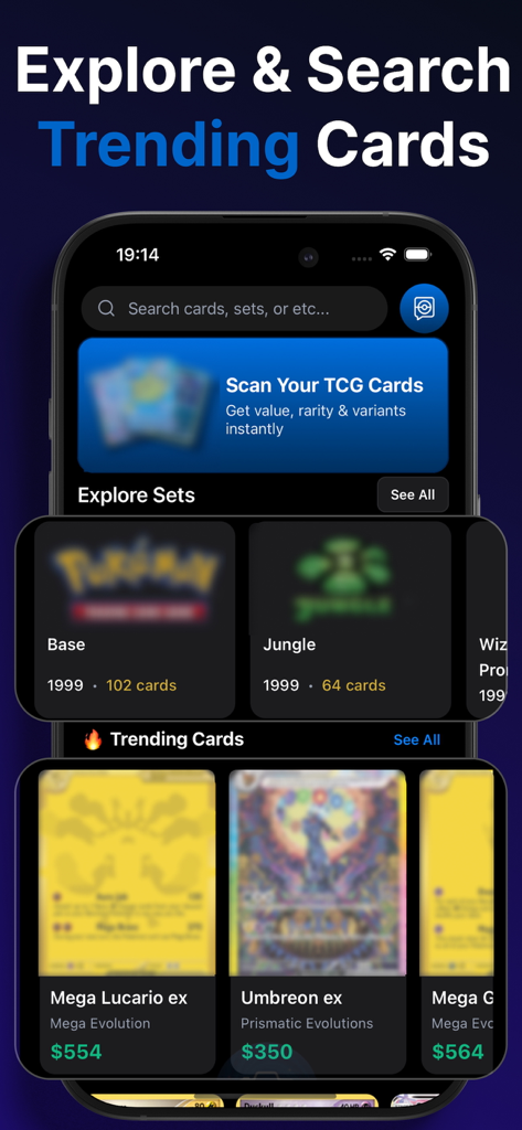 TCG Card Value Scanner: Arcane - Mobile app interface of TCG Card Value Scanner showing trending Pokemon cards and set exploration