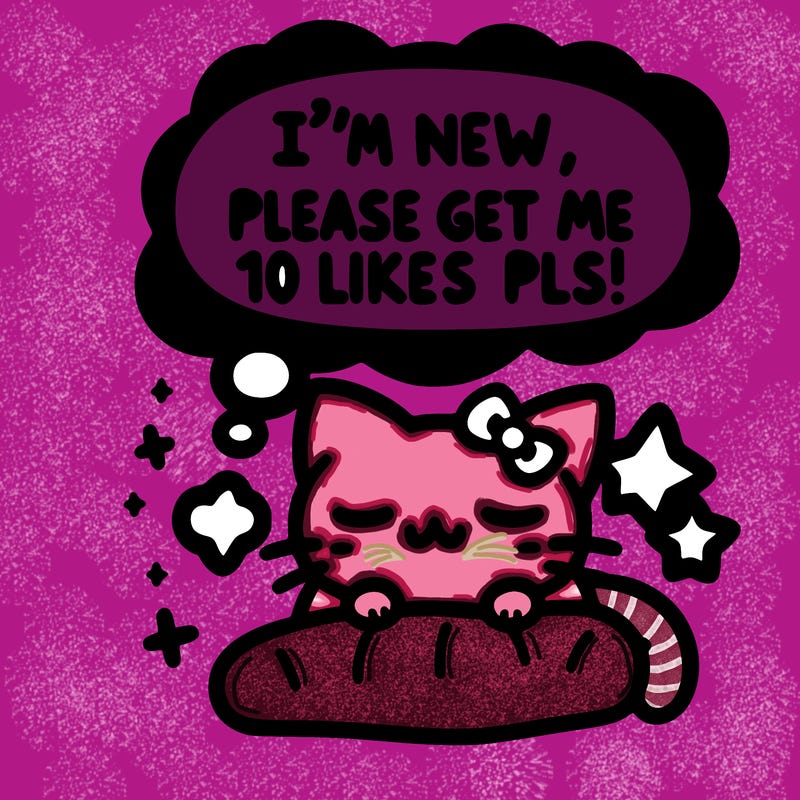 kitty taking a nap dream talking and saying "i'm new, please get me at least 10 likes pls!!"