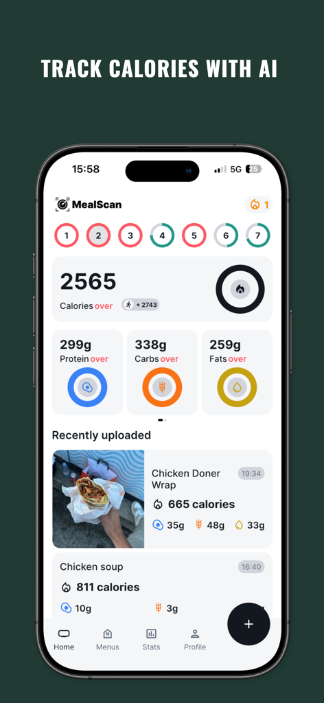 MealScan - Calorie Tracker - MealScan app dashboard showing daily calorie intake macros progress and recently uploaded meals