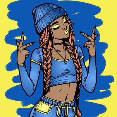realistic teenage girl with braids and a beanie and crop top doing 🫶🏼
