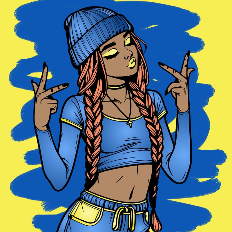 realistic teenage girl with braids and a beanie and crop top doing 🫶🏼