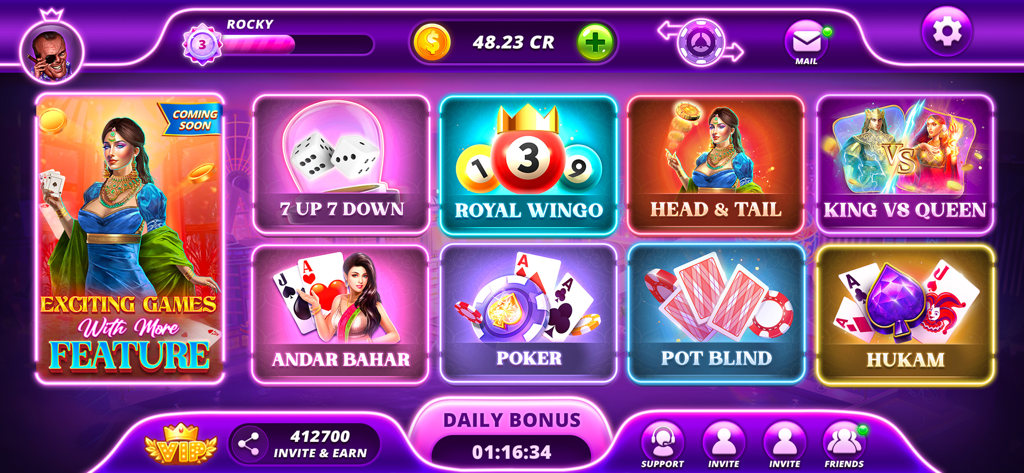 Royal Teenpatti - RTP - Menu principal de l'application Royal Teenpatti montrant divers modes de jeu, y compris le Poker et l'Andar Bahar.