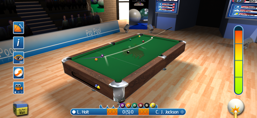 Pro Pool 2026 realistic 3D pool gameplay showing a match between two players with detailed physics and controls