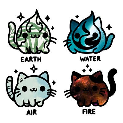 4 cats that represent the different elements, earth, water, air, and fire