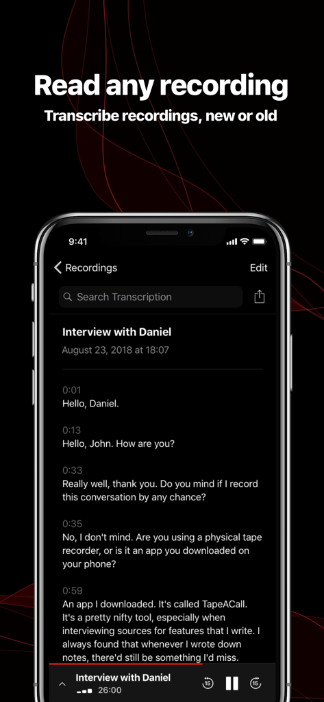 TapeACall Pro: Call Recorder - TapeACall Pro app interface displaying a text transcript of a recorded phone call interview