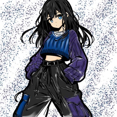 anime teen girl with baggy pants and crop top with sweater