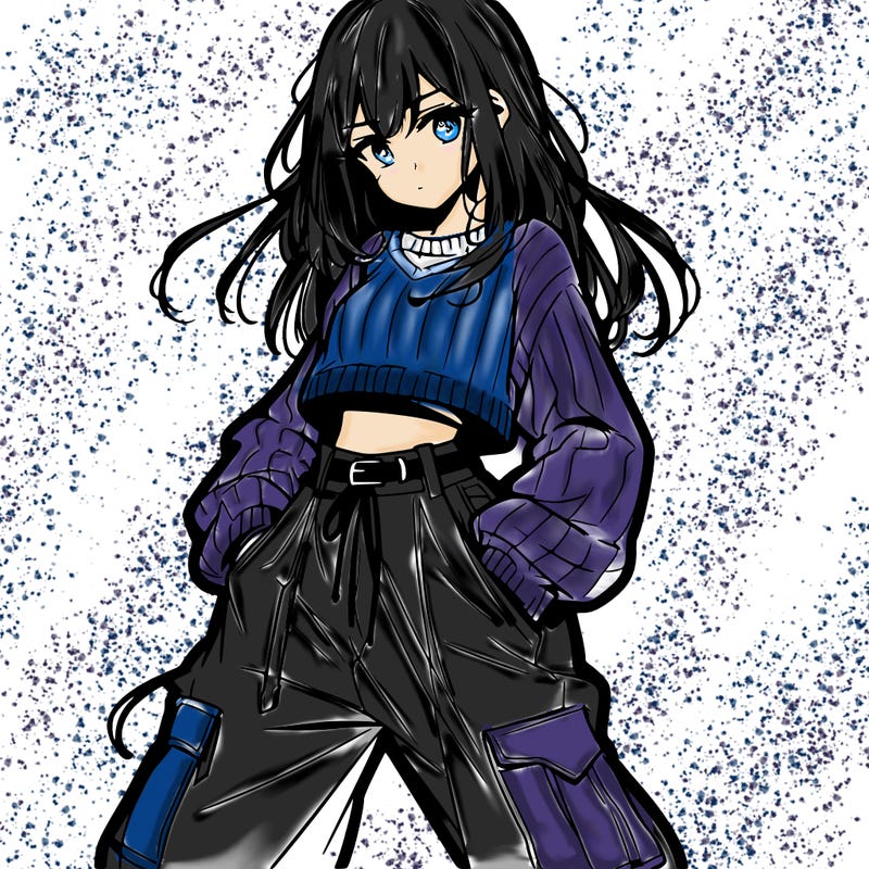 anime teen girl with baggy pants and crop top with sweater