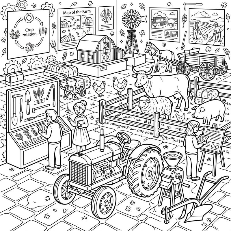 Step into a vibrant world of rural heritage with our captivating Agricultural Museum coloring page. Explore bustling exhibits, iconic farm machinery, and beloved farm animals, all waiting for your creative touch and a burst of color.