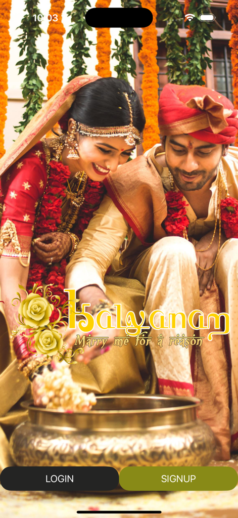 Kalyanam - Tamil Matrimony - Tamil bride and groom in traditional wedding attire on the Kalyanam matrimony app login screen