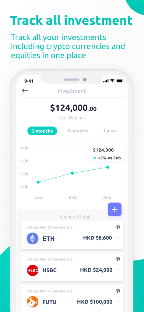 Planto - HK #1 Money Tracker - Tela do aplicativo Planto mostrando portfólio de investimentos com gráfico de saldo total e participações em criptomoedas