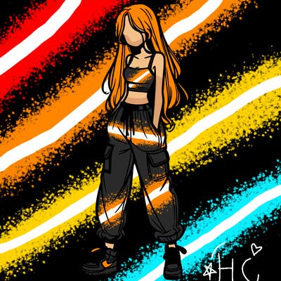 girl in baggy pants crop top and long hair