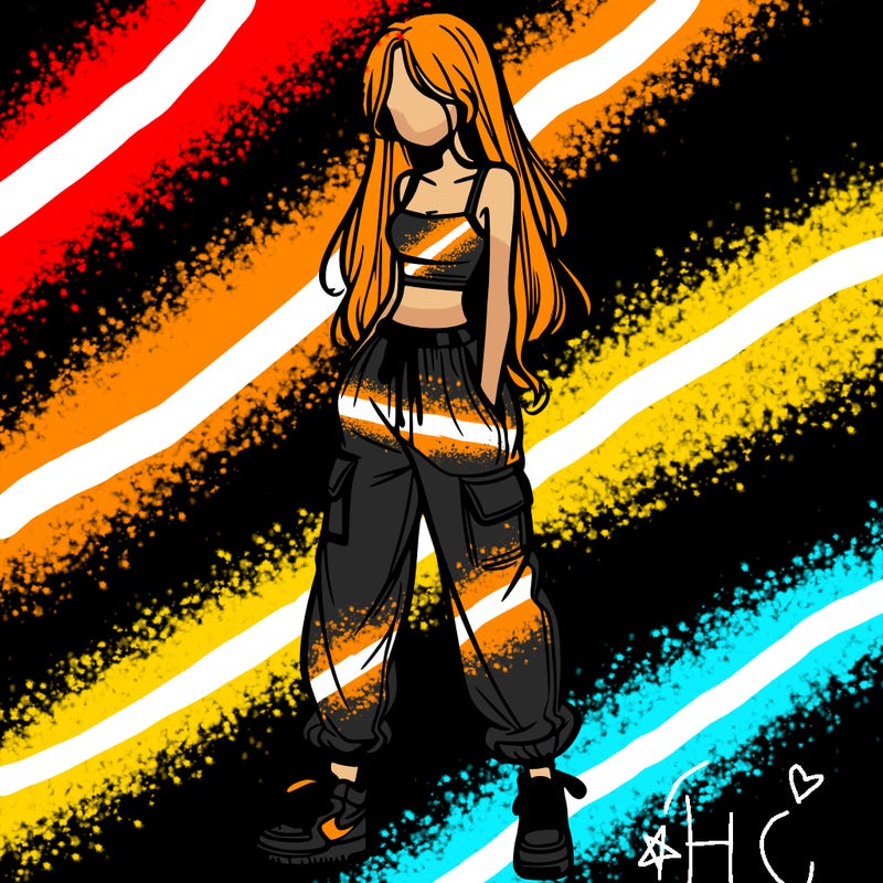 girl in baggy pants crop top and long hair