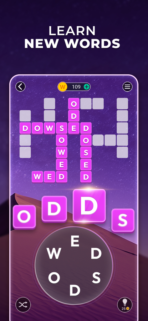 Word Bliss - from PlaySimple - A word search puzzle gameplay interface with pink letter tiles and a desert sunset background.
