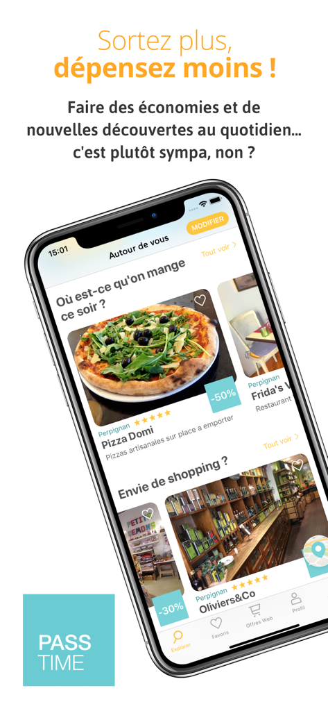 Passtime - Passtime mobile app interface showing local restaurant and shopping discounts on a smartphone