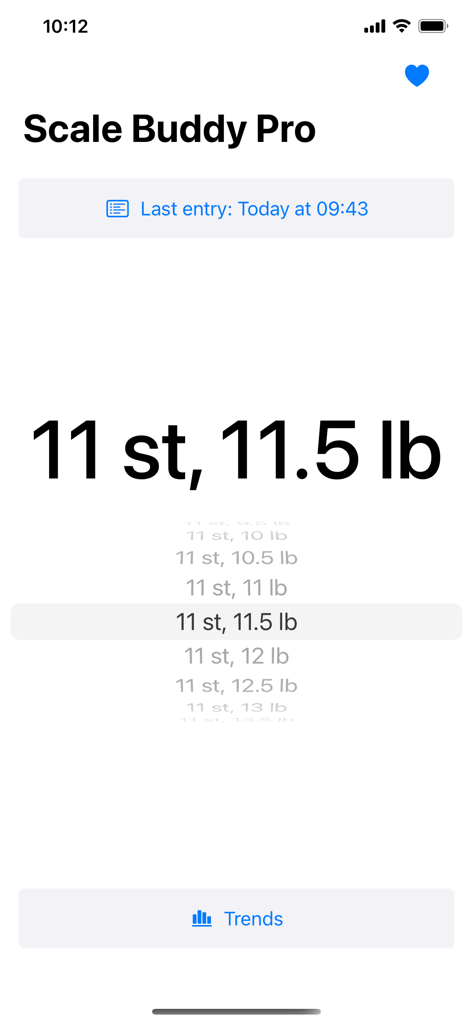 Body Scale Buddy Pro - Écran d'entrée de poids minimaliste dans l'application Body Scale Buddy Pro affichant un sélecteur pour les pierres et les livres