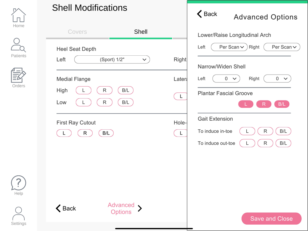 Orthotica3D - Orthotica3D clinical interface showing shell modification and advanced prescription options for custom orthotics.