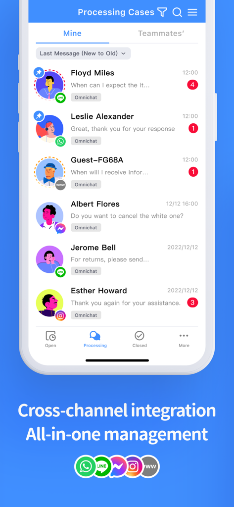 Omnichat - Captura de tela do aplicativo Omnichat mostrando uma caixa de entrada de negócios centralizada gerenciando mensagens de clientes via WhatsApp, Instagram, Facebook e LINE