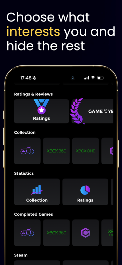 Customizable dashboard in Area X app for tracking game collections and trophies