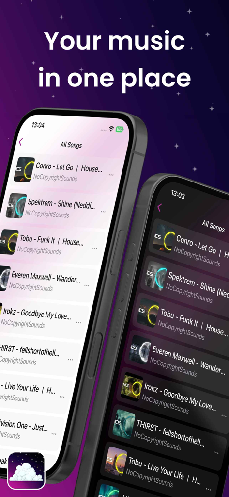 Cosmos : Offline Music Player - Interface of Cosmos Offline Music Player showing a list of songs in light and dark modes.
