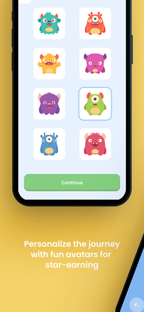 Star Reward Charts - Un écran mobile montrant divers avatars de monstres colorés que les enfants peuvent choisir pour personnaliser leur parcours de récompenses en étoiles.