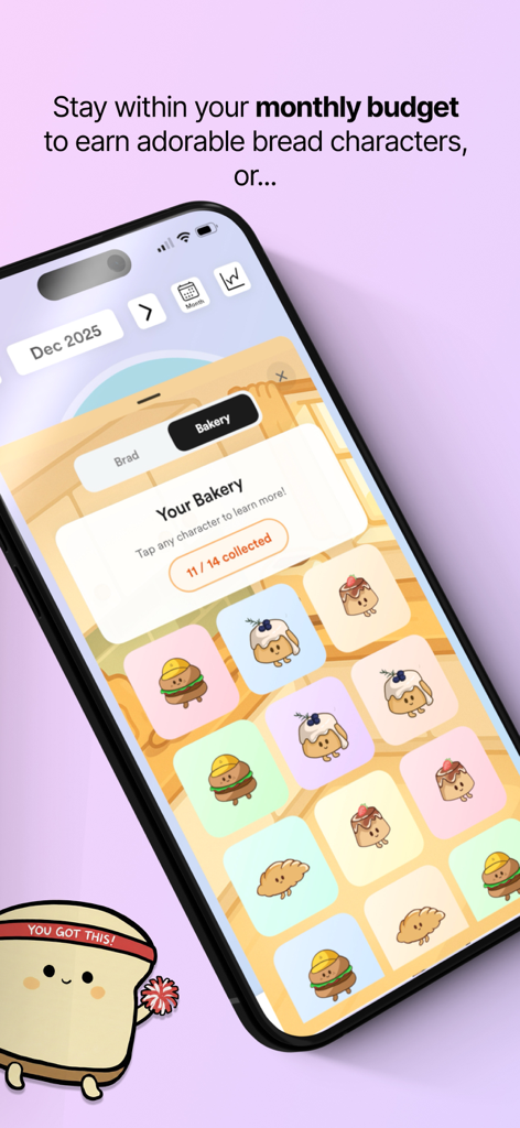 Una colección de lindos personajes de pan en la sección de panadería de la aplicación de rastreo de presupuesto gamificado Pan.