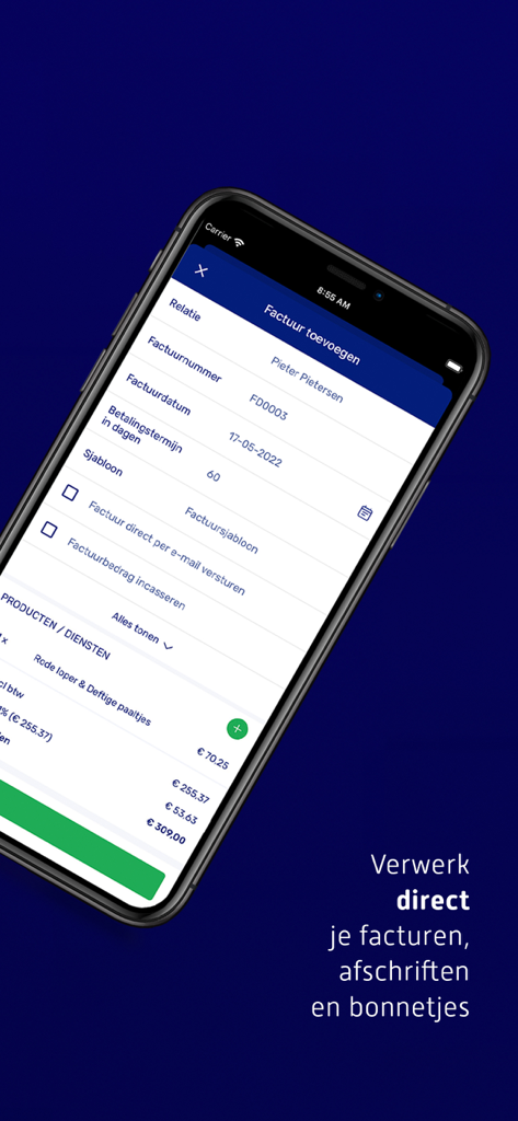 e-Boekhouden.nl - Mobile app interface for adding and processing business invoices