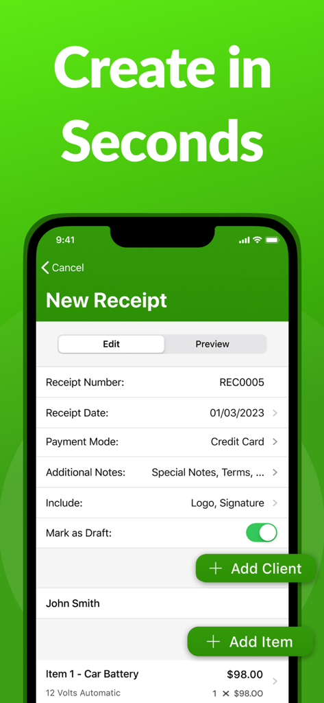Ace Receipt Maker mobile app interface for creating a new professional receipt with fields for client details and itemized pricing.