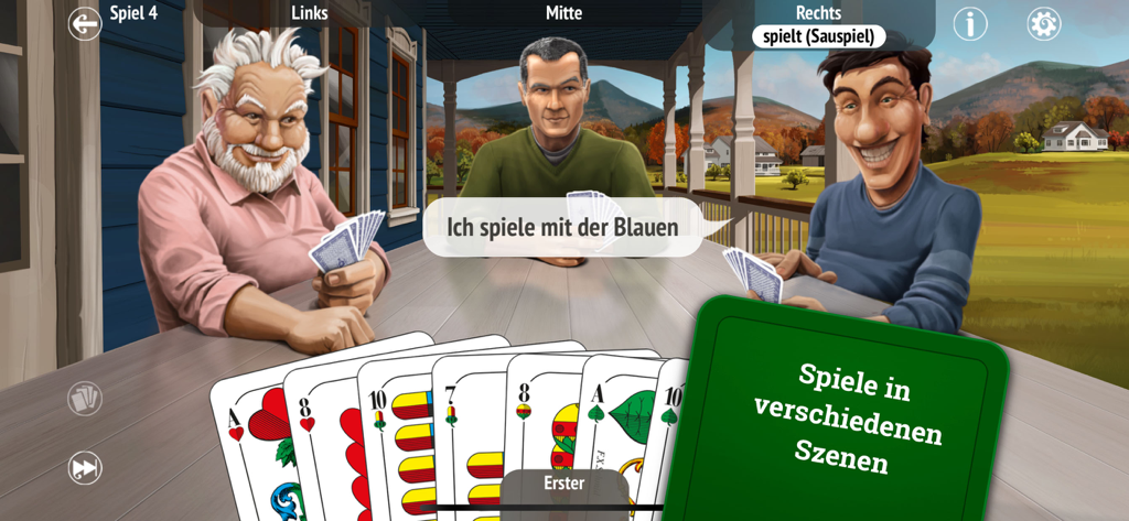 Schafkopf - Una partida del juego de cartas bávaro Schafkopf contra tres oponentes controlados por ordenador en un porche exterior con vistas a las montañas.