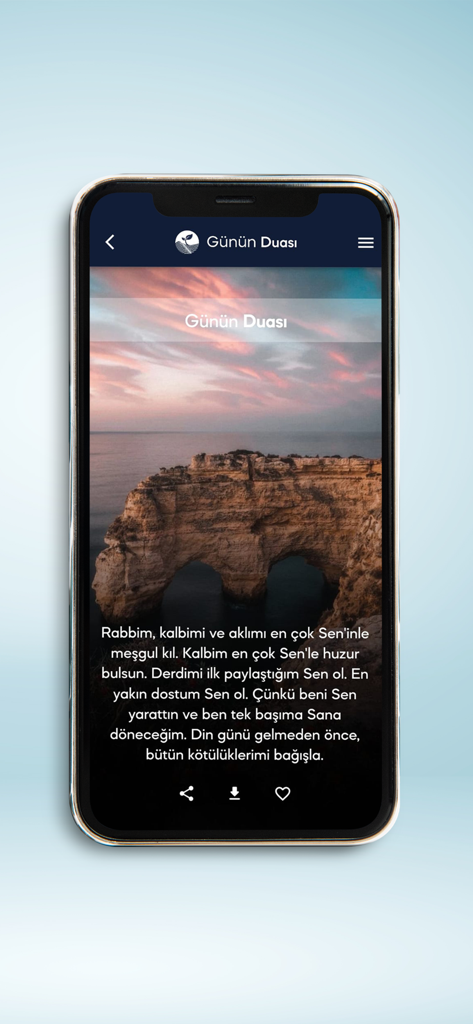 Gunun Duasiアプリのスマートフォン画面、海岸の風景を背景にトルコ語の毎日の祈りが表示されています