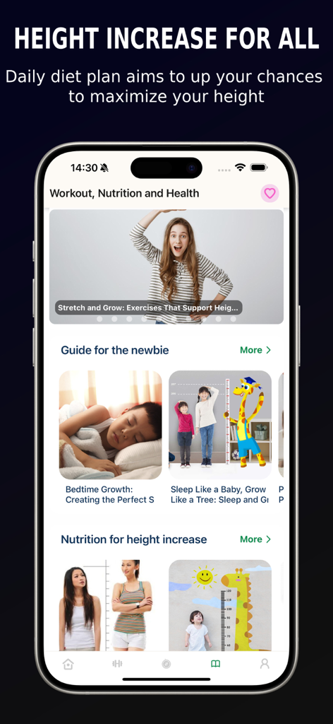 Mobile app interface showing height increase guides, nutrition plans, and sleep tracking features.