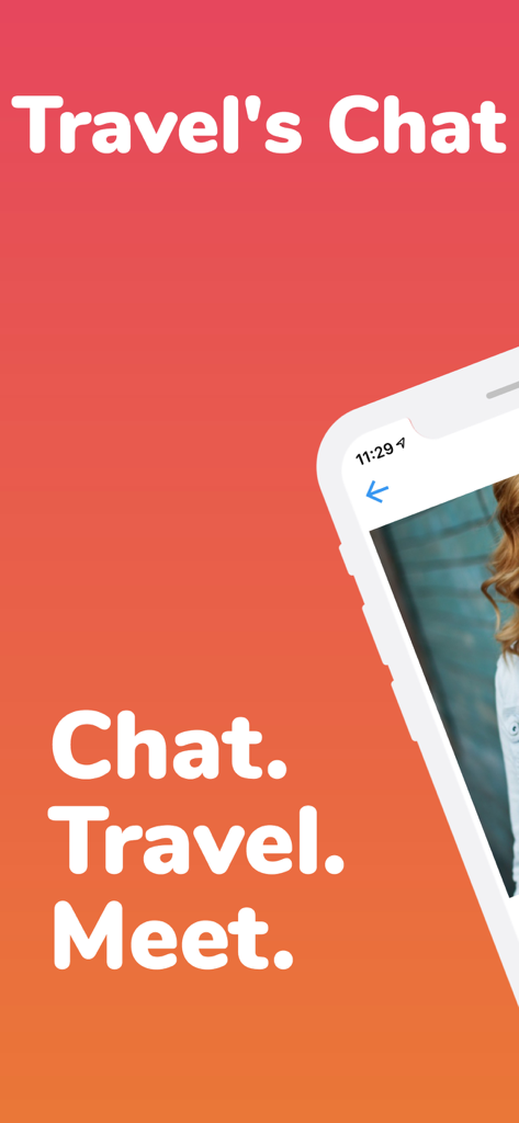 Travel's Chat - Travel & Meet - Schermata promozionale dell'app Travels Chat con lo slogan Chat Travel Meet