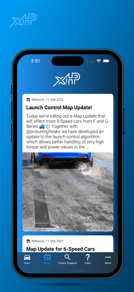 The news section of the xHP Flashtool app displaying an update for launch control maps on BMW vehicles.