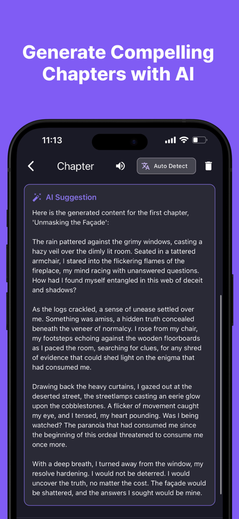 Interface of the AI Book Writer app showing a generated chapter of a mystery novel with AI suggestions.