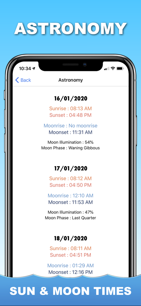 Tide Times UK - Astronomy screen of Tide Times UK app showing sunrise sunset and moon phase data