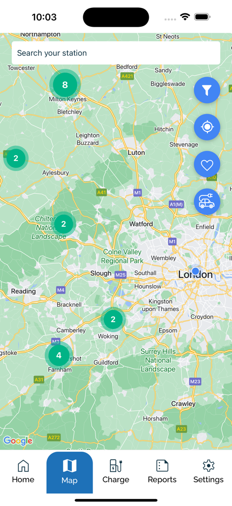 ZapApp map interface showing available electric vehicle charging stations and location clusters.