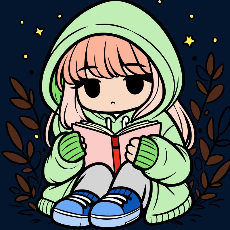 girl in oversized hoodie reading a book