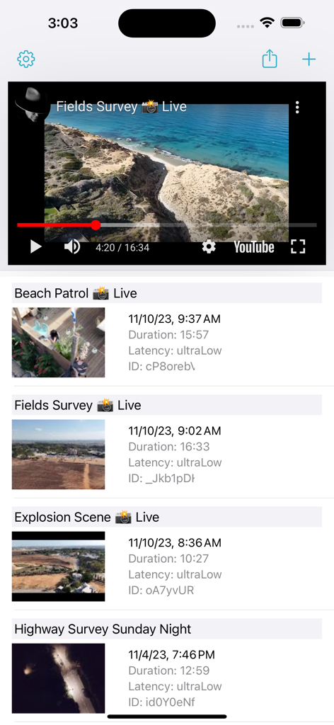 FlyLive mobile app interface showing a YouTube drone stream player and a list of past broadcast recordings.
