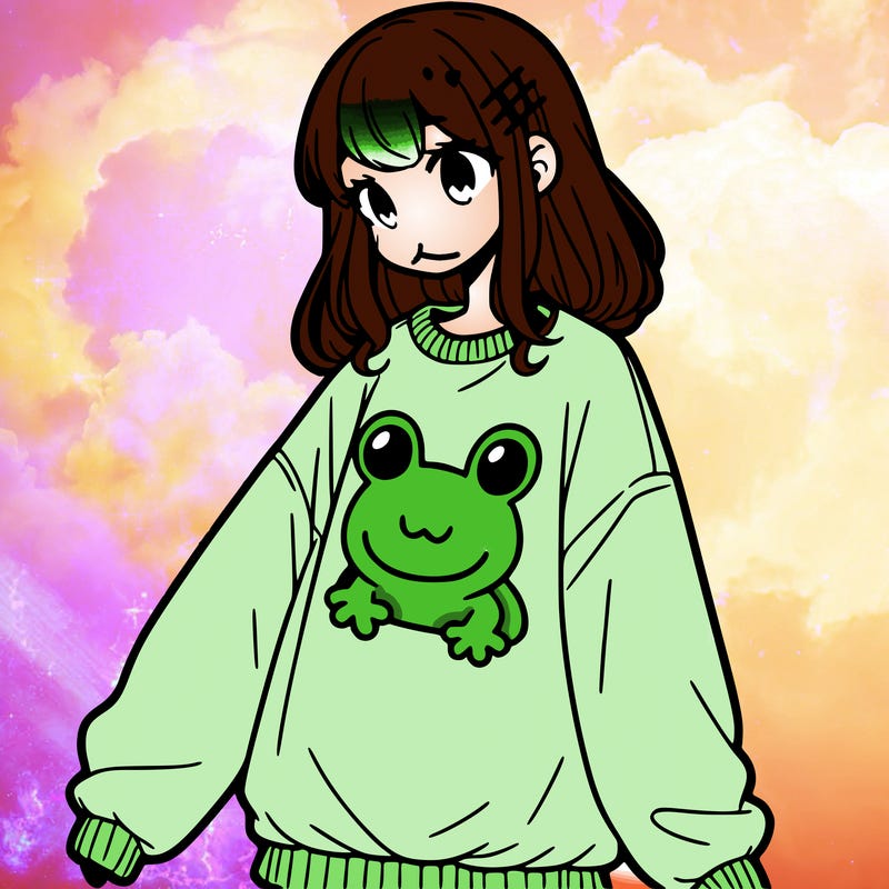 girl wearing frogging sweatshirt