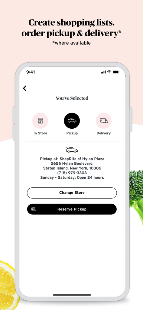 ShopRite app interface for choosing grocery pickup or delivery
