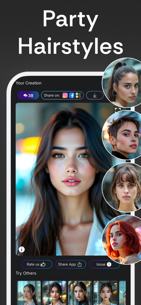Hair Type: AI Hairstyle Try On - Smartphone screen showing the NHair app interface with virtual party hairstyles and social sharing options.