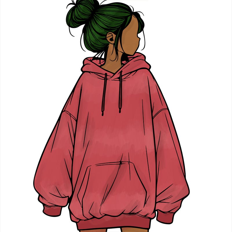 realistic girl with a oversized sweatshirt on and a bun