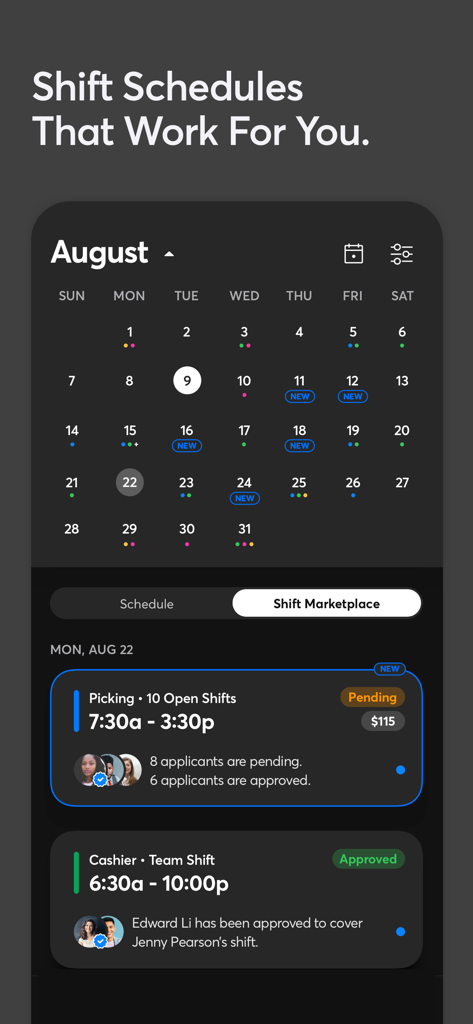 Shyft - Shift Swap, Schedule - Shyft App Mobile Benutzeroberfläche zeigt einen Monatskalender und den Schichtmarktplatz mit offenen Schichtangeboten und Genehmigungsstatus.