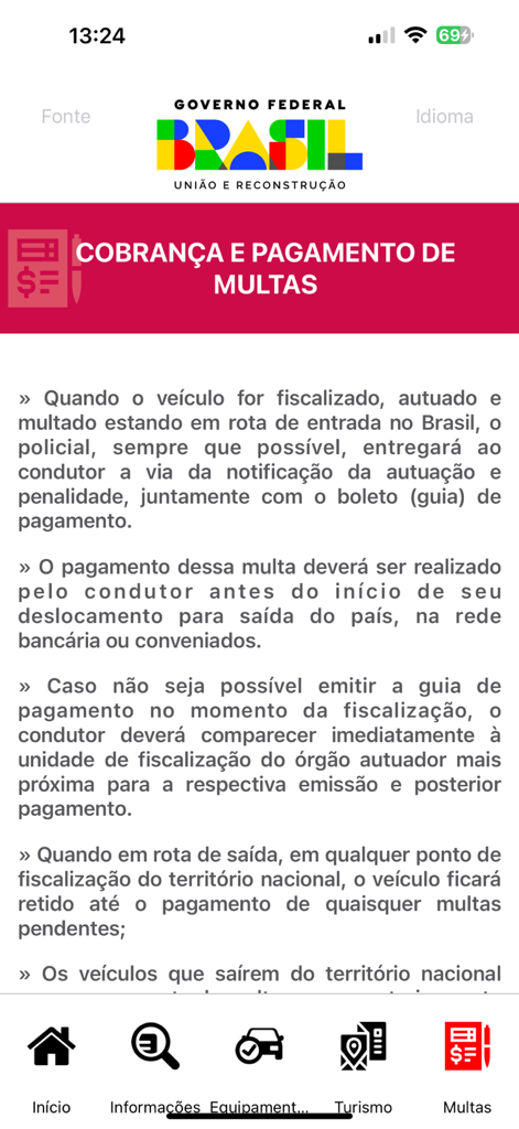Mercosul App - Pantalla de la aplicación móvil que muestra la sección de información sobre multas de tráfico y su pago para conductores en Brasil